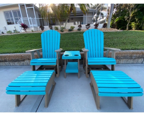 2ft gliders with a-frame end table and ottomans. weather wood/aruba